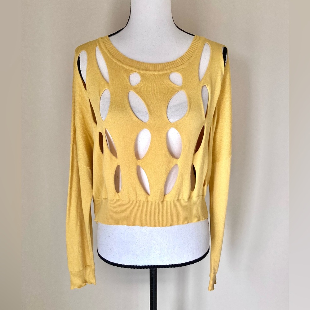 PLANET by Lauren G "Sizeless" Laser Cut-Out Pima Cotton Sweater – Mustard Yellow - Picture 2 of 9